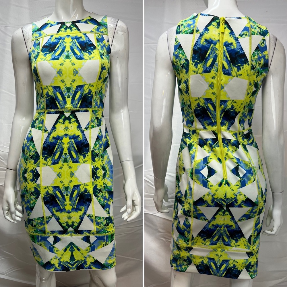 Women's Vince Camuto Stretchy Yellow Blue Tie-Dye Sleeveless Sheath 0 Dress